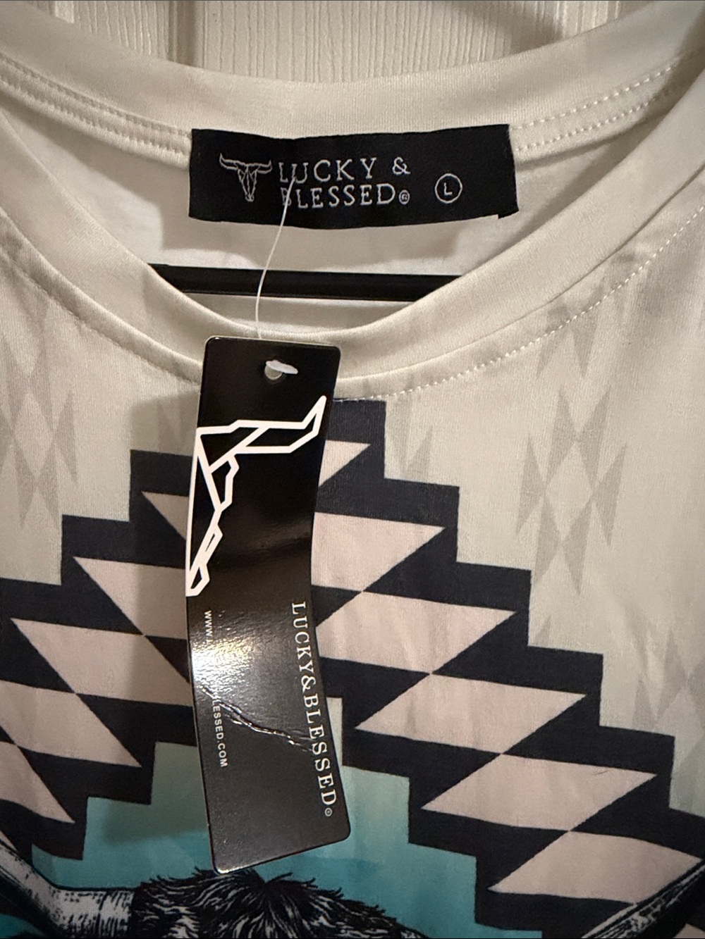 Lucky & Blessed White Tee with Blue & Teal Aztec Bull Graphic - Picture 2 of 2